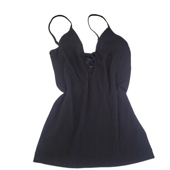 Free People Intimately Tank Top M/L Black Ribbed Knit Strappy Cami Y2K Edgy - Picture 1 of 4